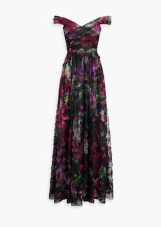 Marchesa Notte - Off-the-shoulder floral-print embroidered tulle gown - Purple - US 2