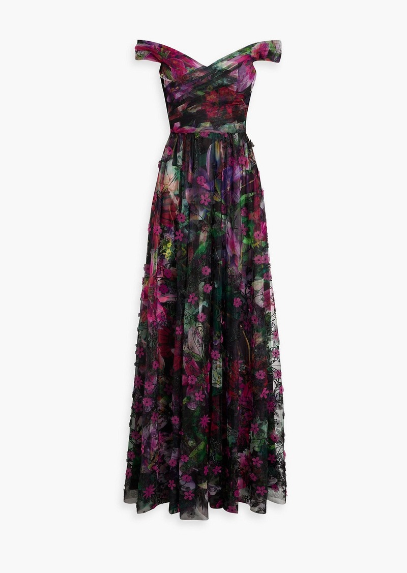 Marchesa Notte - Off-the-shoulder floral-print embroidered tulle gown - Purple - US 8
