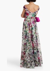 Marchesa Notte - Off-the-shoulder pintucked floral-print tulle gown - Pink - US 4