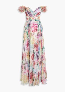 Marchesa Notte - Off-the-shoulder pleated printed chiffon gown - Multicolor - US 4
