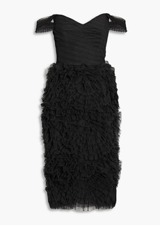 Marchesa Notte - Off-the-shoulder ruffled Swiss-dot tulle midi dress - Black - US 2