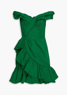 Marchesa Notte - Off-the-shoulder ruffled faille mini dress - Green - US 8