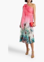 Marchesa Notte - One-shoulder pleated printed chiffon midi dress - Pink - US 2