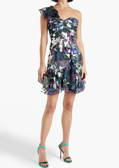 Marchesa Notte - One-shoulder metallic floral-print chiffon mini dress - Green - US 6
