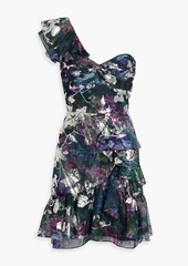 Marchesa Notte - One-shoulder metallic floral-print chiffon mini dress - Green - US 6