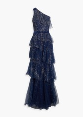 Marchesa Notte - One-shoulder tiered glittered tulle gown - Blue - US 4