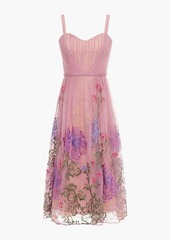 Marchesa Notte - Pleated embroidered point d'esprit midi dress - Purple - US 8