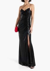 Marchesa Notte - Ruched coated stretch-jersey gown - Black - US 4