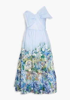 Marchesa Notte - Strapless bow-detailed floral-print organza midi dress - Blue - US 4