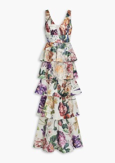 Marchesa Notte - Tiered embellished floral-print chiffon gown - White - US 0