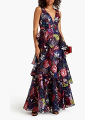 Marchesa Notte - Tiered embroidered floral-print organza gown - Blue - US 2