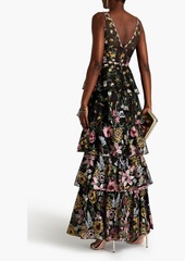 Marchesa Notte - Tiered embroidered tulle gown - Black - US 4