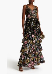 Marchesa Notte - Tiered embroidered tulle gown - Black - US 4