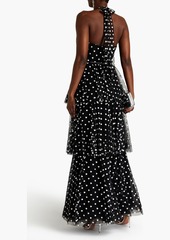 Marchesa Notte - Tiered embroidered tulle halterneck gown - Black - US 8