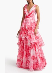 Marchesa Notte - Tiered printed chiffon gown - Pink - US 4