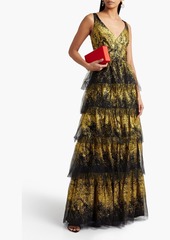 Marchesa Notte - Tiered glittered tulle gown - Black - US 0