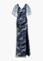 Marchesa Notte - Twist-front glittered printed tulle gown - Blue - US 0