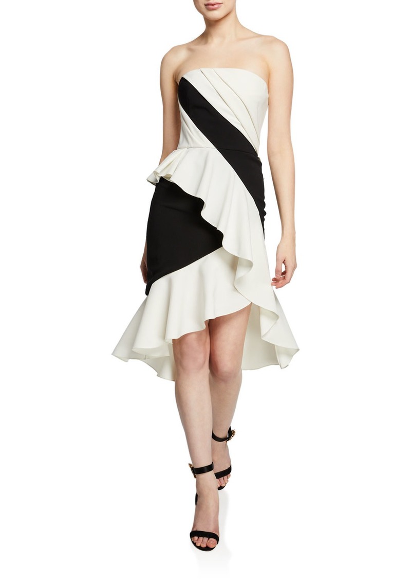 Marchesa Notte Colorblocked Strapless High-Low Cocktail Dress