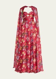 Marchesa Notte Cutout Floral-Print Sweetheart Cape Gown
