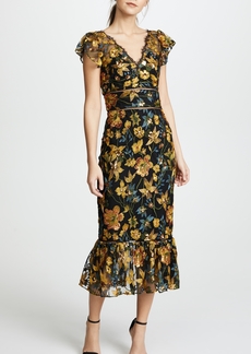 Marchesa Notte Embroidered Cocktail Dress with Flutter Sleeves
