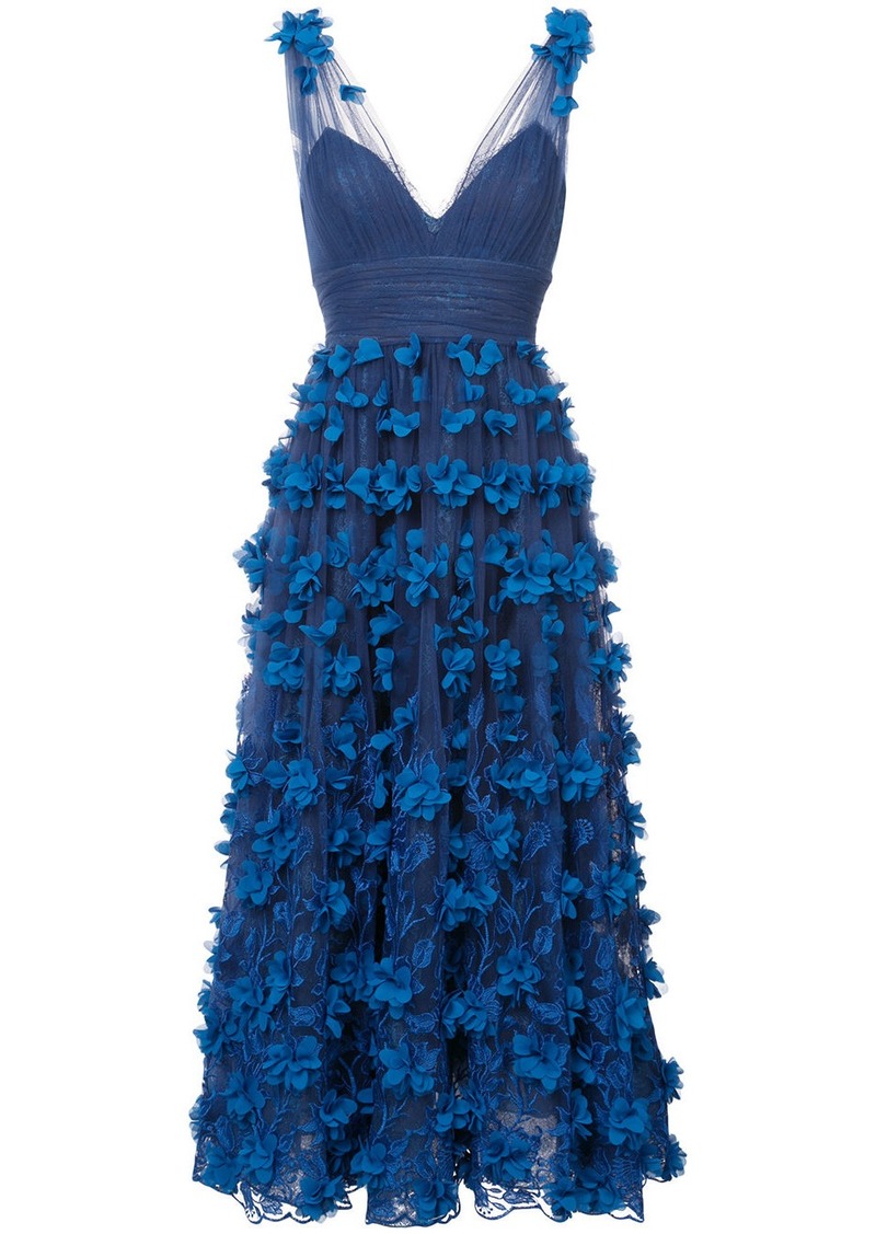 Marchesa Marchesa Notte Embroidered Floral Appliqued Gown Blue Dresses