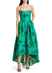 Marchesa Notte Embroidered Metallic Floral Strapless High-Low Gown