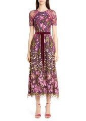 Marchesa Notte Embroidered Midi Cocktail Dress