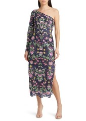 Marchesa Notte Floral Embroidered Long Sleeve One-Shoulder Dress