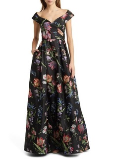 Marchesa Notte Floral Embroidered Off-the-Shoulder A-Line Gown