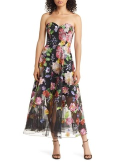 Marchesa Notte Floral Embroidered Strapless Cocktail Dress