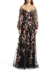 Marchesa Notte Floral Embroidery Long Sleeve Gown