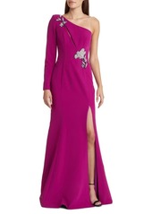 Marchesa Notte Floral One-Shoulder Long Sleeve Gown