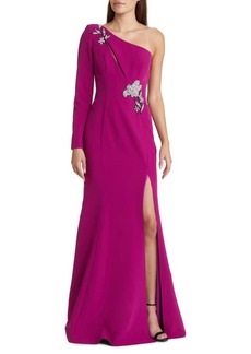 Marchesa Notte Floral One-Shoulder Long Sleeve Gown