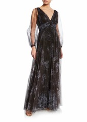 Marchesa Notte Floral-Print Pleated V-Neck Bishop-Sleeve Tulle Gown