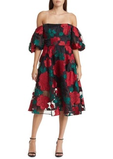 Marchesa Notte Floral Puff Sleeve Off the Shoulder Dress