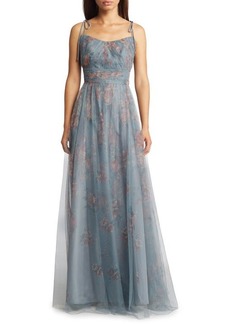 Marchesa Notte Floral Ruched Bodice Tulle Gown in Dusty/Gunmetal at Nordstrom