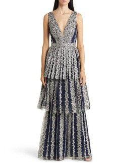 Marchesa Notte Metallic Embroidery Tiered Gown