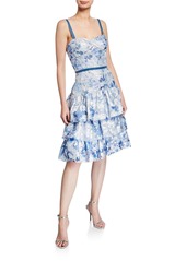 Marchesa Notte Metallic Printed Fils Coupe Tiered Tea-Length Cocktail Dress