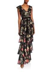 Marchesa Notte Metallic Printed V-Neck Sleeveless Tiered Fil Coupe Ruffle Gown