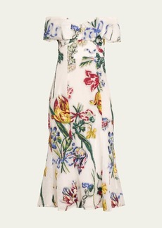 Marchesa Notte Off-Shoulder Floral Fil Coupe Midi Dress