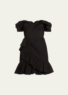 Marchesa Notte Off-Shoulder Ruffle Taffeta Mini Dress