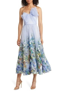 Marchesa Notte Painted Layered Roses Floral Embroidered Strapless A-Line Dress