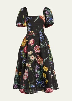 Marchesa Notte Puff-Sleeve Floral Jacquard Midi Dress