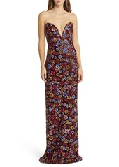 Marchesa Notte Sequin Bouquets Strapless Column Gown