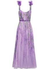 Marchesa Notte Woman Appliquéd Pleated Printed Tulle Gown Lilac