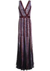 Marchesa Notte Woman Chantilly Lace-paneled Striped Sequined Tulle Gown Lavender