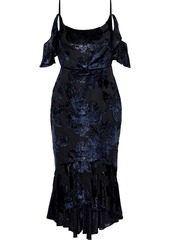 Marchesa Notte Woman Cold-shoulder Metallic Devoré-velvet Midi Dress Indigo