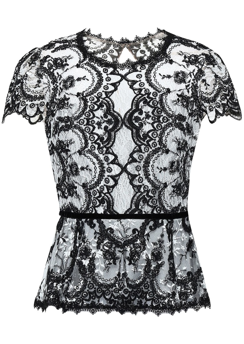 Marchesa Notte Woman Cutout Embroidered Corded Lace And Tulle Peplum Top Black
