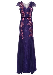 Marchesa Notte Woman Tulle-paneled Embellished Chantilly Lace Gown Indigo