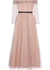 Marchesa Notte Woman Off-the-shoulder Pleated Flocked Tulle Gown Blush